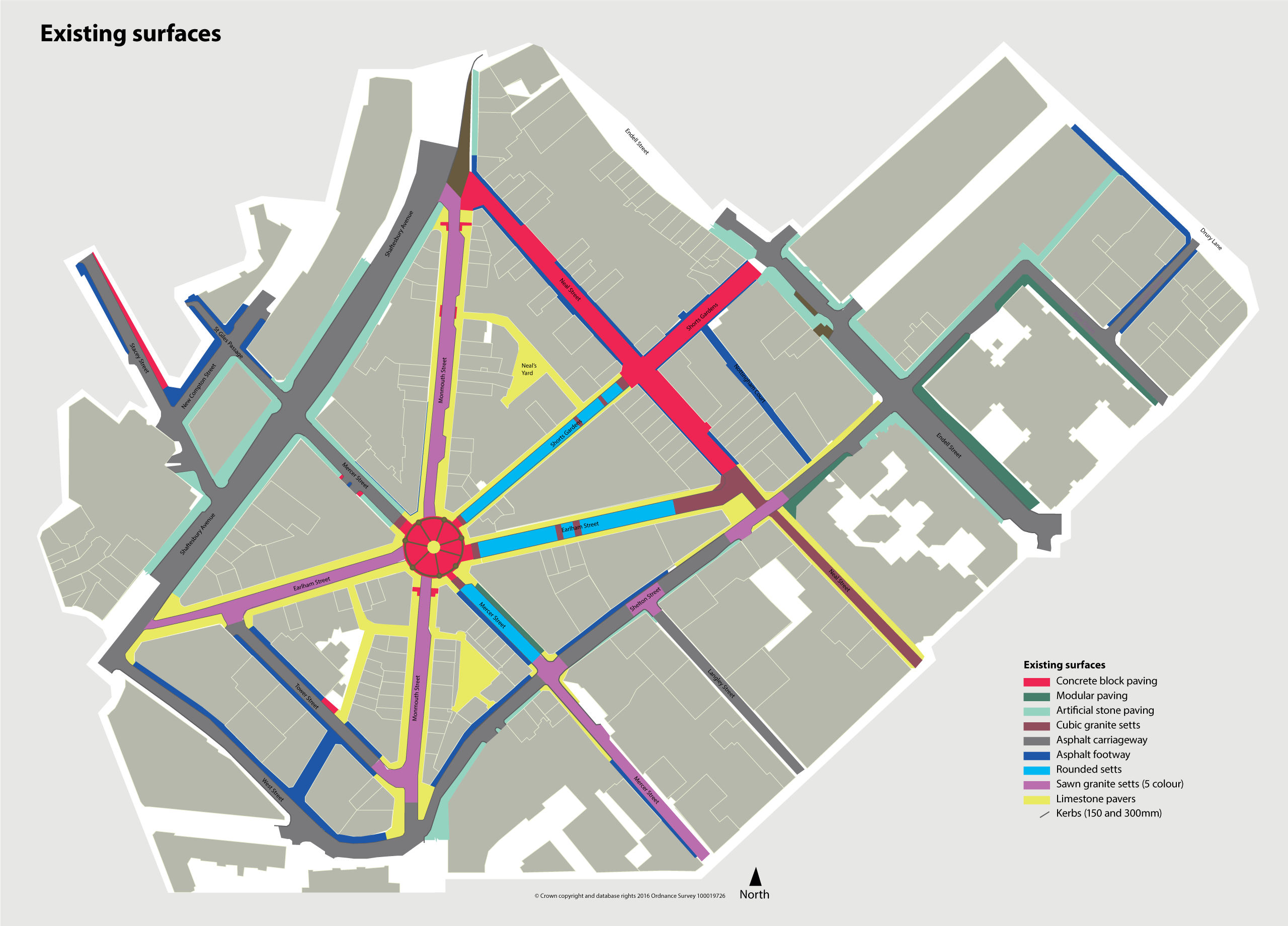 Diagram of existing street and carriageway surfaces in core area of Seven Dials.