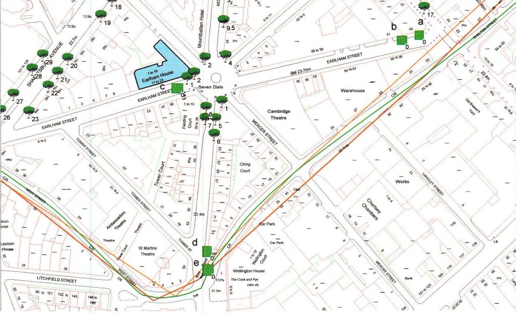 Part of map of tree planting sites in Seven Dials.